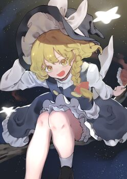 black_skirt black_vest blonde_hair bloomers bow braid broom broom_riding commentary_request frills hair_between_eyes hair_ribbon hand_on_headwear hat highres kirisame_marisa legs long_sleeves looking_at_viewer niru_(ka_k_0517) open_mouth red_bow ribbon shirt skirt sky smile star_(sky) star_(symbol) starry_sky thighs touhou underwear vest white_bloomers white_shirt witch_hat yellow_eyes