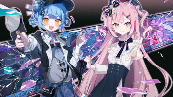 Rule 34 | 2girls, :d, aqua eyes, asagisui, black bag, black capelet, black hat, black skirt, blue hair, blue necktie, blue skirt, blunt bangs, bow, braid, braided hair rings, capelet, collared shirt, commentary request, cowboy shot, deerstalker, detective, glass shards, hair bow, hair ornament, hair rings, hairclip, hands up, hat, highres, hiiragi yuka (niconico), holding, holding magnifying glass, indie virtual youtuber, long hair, long sleeves, looking at viewer, magnifying glass, mahou shoujo no majo saiban, multicolored eyes, multiple girls, necktie, open mouth, pink eyes, pink hair, pointing, pointing at viewer, shirt, short hair, skirt, smile, stained glass, standing, tachibana sherry, very long hair, vest, voice actor connection, white shirt, yellow eyes