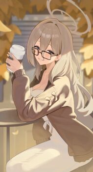 1girl absurdres akane_(blue_archive) black-framed_eyewear blue_archive blurry blurry_background breasts brown_eyes brown_hair brown_jacket cleavage collarbone commentary_request cup disposable_cup dress glasses hair_between_eyes halo highres holding holding_cup jacket long_hair long_sleeves looking_at_viewer medium_breasts ojisan_kamo_shiremasen sitting smile solo table wavy_hair white_dress