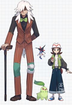 1boy 1girl arm_behind_back az_(pokemon) bow bowtie brown_hair brown_pants brown_shoes brown_vest cane chikorita closed_mouth commentary floette floette_(eternal) gen_2_pokemon gen_6_pokemon green_bow green_bowtie grey_asa grid_background harmony_(pokemon) hat height_difference highres holding holding_cane holding_poke_ball jacket long_hair looking_at_viewer nintendo open_clothes open_jacket pants patchwork_clothes poke_ball poke_ball_(basic) pokemon pokemon_(creature) pokemon_legends:_z-a shaded_face shirt shoes socks standing vest white_hair white_hat
