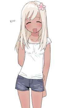 1girl ^_^ alternate_costume arm_behind_back blush casual character_name closed_eyes doppelschwert facing_viewer flower grey_shorts hair_flower hair_ornament highres kantai_collection long_hair open_mouth pink_flower ro-500_(kancolle) shirt short_shorts short_sleeves shorts smile solo tan tanline_peek white_hair white_shirt