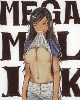 1girl areola_slip black_hair borrowed_character breasts clothes_in_mouth clothes_lift hair_ornament hairclip highres ijiranaide_nagatoro-san large_breasts long_hair mega_milk mossacannibalis mouth_hold nagatoro_hayase navel no_bra one-piece_tan original shirt_in_mouth shirt_lift short_shorts shorts tan tanline text_background underboob white_background