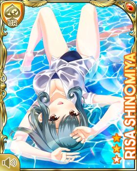 1girl :d bare_arms bare_legs bare_shoulders barefoot breasts brown_eyes card_(medium) character_name cleavage collarbone competition_swimsuit day female_focus girlfriend_(kari) green_hair lying official_art on_back one-piece_swimsuit open_mouth outdoors pool poolside qp:flapper shinomiya_risa shirt smile swimsuit tagme water wet wet_clothes wet_shirt wet_swimsuit white_shirt