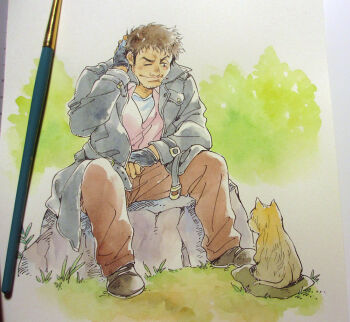 1boy agahari animal art_brush art_tools_in_frame beard_stubble bianca_(suikoden) black_coat black_eyes black_gloves black_hair black_shoes brown_pants cat cigarette closed_mouth coat collared_shirt commentary_request facial_hair fingerless_gloves gensou_suikoden gensou_suikoden_ii gloves grass hand_in_own_hair hand_up looking_at_animal male_focus on_rock open_clothes open_coat outdoors paintbrush painting_(medium) pants photo_(medium) pink_shirt richmond_(suikoden) shirt shoes short_hair sitting smile stubble traditional_media white_shirt yellow_cat