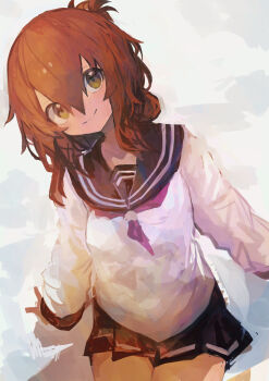 1girl absurdres black_sailor_collar black_skirt brown_eyes brown_hair commentary cowboy_shot folded_ponytail hair_between_eyes highres inazuma_(kancolle) kaamin_(mariarose753) kantai_collection long_sleeves looking_at_viewer neckerchief pleated_skirt red_neckerchief sailor_collar school_uniform serafuku skirt smile solo