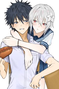 1boy 1girl accelerator_(toaru_majutsu_no_index) albino arms_around_another's_neck black_eyes black_hair blush bracelet dress_shoes finger_to_mouth flower food genderswap genderswap_(mtf) hair_flower hair_ornament hot_dog jewelry kamijou_touma red_eyes school_uniform skirt socks suzushina_yuriko toaru_majutsu_no_index white_hair