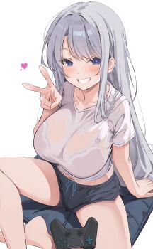 1girl black_shorts blue_eyes blush bra_visible_through_clothes breasts clenched_teeth controller game_controller grey_hair grin heart highres large_breasts long_hair looking_at_viewer original osa_(osaosa) see-through_clothes see-through_shirt shirt shorts simple_background smile solo teeth v white_background white_shirt