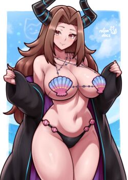 1girl absurdres artist_name bikini black_coat black_horns blue_background border borrowed_character breasts brown_eyes brown_hair closed_mouth coat commentary commission english_commentary highres horns ko-fi_commission large_breasts long_hair looking_at_viewer navel off_shoulder open_clothes open_coat original outside_border rotomdocs shell shell_bikini solo swimsuit w_arms white_border