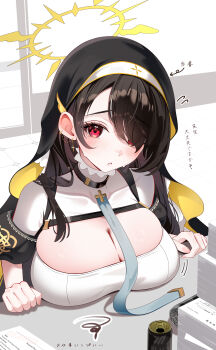 1girl absurdres bare_shoulders black_choker black_veil blue_archive blush breast_rest breasts can chest_strap choker cleavage commentary_request drink_can fingernails hair_over_one_eye halo highres hinata_(blue_archive) large_breasts long_hair looking_at_viewer nun open_mouth paper_stack red_eyes sikimosh skindentation solo tearing_up translation_request trinity_general_school_logo veil winged_halo yellow_halo