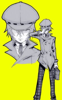 1girl :| adjusting_clothes adjusting_headwear alexxnohitter androgynous briefcase buttons closed_mouth collared_shirt commentary crossdressing crossdressing_(ftm) detective double-breasted english_commentary feet_out_of_frame flat_chest gakuran greyscale_with_colored_background hair_between_eyes hat highres holding holding_briefcase jacket kubrick_stare limited_palette long_sleeves looking_at_viewer neck_ribbon newsboy_cap pants partially_shaded_face persona persona_4 plaid_clothes plaid_pants projected_inset ribbon school_uniform shirogane_naoto shirt short_hair signature solo tsurime yellow_background