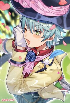 black_hat blue_flower blue_hair blue_rose dated flower gloves glowstick green_eyes hands_up hashtag-only_commentary hat highres ice_skates interlocked_fingers jacket kashi_ore_3 king_of_prism long_sleeves looking_at_viewer male_focus one_eye_closed open_mouth own_hands_together pants penlight_(glowstick) petals pretty_rhythm pretty_series red_shirt rose shirt short_hair skates smile solo standing standing_on_one_leg striped_clothes striped_pants takadanobaba_jouji top_hat vertical-striped_clothes vertical-striped_pants white_gloves yellow_jacket