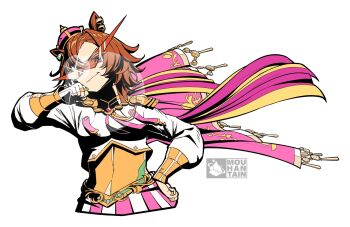 Rule 34 | 1girl, animal ear piercing, animal ears, armor, artist name, cape, closed mouth, commentary, cropped shirt, crown, ear piercing, english commentary, glasses, gold necklace, hand up, highres, horse ears, horse girl, jewelry, kamina shades, long sleeves, looking at viewer, mini crown, mouhantain, multiple rings, necklace, orange hair, parted bangs, pauldrons, piercing, pink cape, pink crown, pink skirt, purple eyes, red-tinted eyewear, revision, ring, shirt, short hair, shoulder armor, simple background, skirt, smile, smirk, solo, striped clothes, striped skirt, t.m. opera o (o sole suo!) (umamusume), t.m. opera o (umamusume), tengen toppa gurren lagann, tinted eyewear, two-tone skirt, umamusume, umamusume: beginning of a new era, umamusume: road to the top, upper body, v-shaped eyebrows, vambraces, vertical-striped clothes, vertical-striped skirt, white background, white shirt, white skirt