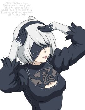 Rule 34 | 1girl, 2b (nier:automata), ah eto... bleh (meme), ahoge, black dress, black hairband, blindfold, breasts, cleavage, cleavage cutout, clothing cutout, dress, gloves, hairband, highres, meme, nier:automata, nier (series), short hair, simple background, solo, tongue, tongue out, white background, white hair, yuffie drawings