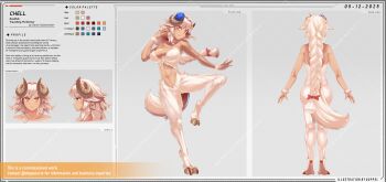 1girl a-pose absurdres ass belly_dancing braid braided_ponytail breasts character_profile closed_mouth color_guide commentary commission dark-skinned_female dark_skin dated doppel_(cursed_atelier) english_commentary english_text from_behind from_side full_body furry furry_female goat_girl goat_horns goat_tail highres hooves horizontal_pupils horns large_breasts long_hair looking_at_viewer multiple_views original profile red_eyes reference_sheet smile standing standing_on_one_leg tail very_long_hair white_hair