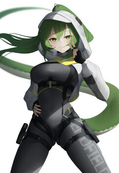 1girl absurdres arknights arknights:_endfield belt black_bodysuit black_gloves blush bodysuit breasts bright_pupils cameltoe carabiner commentary covered_navel cowboy_shot crocodile_girl crocodilian_tail dot_nose double-parted_hair fingerless_gloves floating_hair fluorite_(arknights) gloves green_eyes green_hair hachimin8_(shrine_kyo) hair_between_eyes hair_through_hood hand_on_own_hip high_belt highres hood hood_up hooded_jacket impossible_bodysuit impossible_clothes jacket long_hair long_sleeves looking_at_another looking_at_viewer medium_breasts ponytail pouch sidelocks simple_background smile solo tail thigh_strap v white_background white_jacket white_pupils