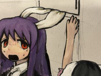 2girls animal_ears aoiseshin arm_up black_hair cabinet collared_shirt commentary_request frown gloom_(expression) highres inaba_tewi long_hair looking_to_the_side multiple_girls nervous_sweating open_mouth portrait purple_hair rabbit_ears rabbit_girl reaching red_eyes reisen_udongein_inaba shirt stuck sweat touhou worried