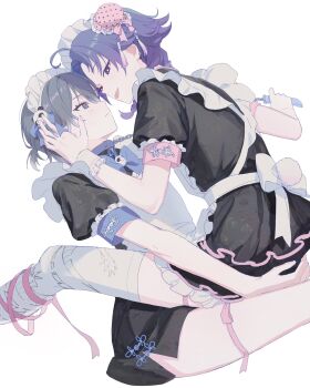 18trip 2boys ahoge apron back_bow black_dress blue_bow blue_collar blue_eyes bow braid bun_cover chain chain_leash chinese_clothes collar commentary_request crossdressing crossdressing_(mtf) dress eye_contact frilled_dress frilled_headwear frills grey_eyes grey_hair hachinoya_nagi hair_between_eyes hand_on_another's_ass hand_on_another's_face highres holding holding_leash leash looking_at_another low_twin_braids maid maid_apron maid_headdress male_focus male_maid matching_outfits medium_hair multiple_boys pankajiru pink_ribbon pom_pom_(clothes) puffy_short_sleeves puffy_sleeves purple_hair qi_maid red_eyes ribbon short_sleeves simple_background sitting sitting_on_lap sitting_on_person thighhighs tongue tongue_out trap trap_on_trap twin_braids white_background white_bow white_thighhighs yowa_netaro