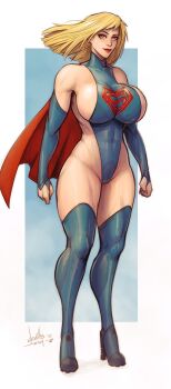 1girl adapted_costume alternate_breast_size bare_shoulders blonde_hair blue_boots blue_gloves blue_leotard boots breasts cape clenched_hands covered_navel dc_comics devilhs elbow_gloves fingerless_gloves gloves high_heel_boots high_heels highres large_breasts leotard medium_breasts red_cape red_eyes red_lips sideboob signature solo standing supergirl superhero_costume superman_(series) thigh_boots