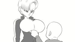 1boy 1girl android_18 animated asymmetrical_bangs audible_music bald bouncing_breasts breasts closed_mouth couple dragon_ball dragon_ball_super dragon_ball_super_super_hero funsexydragonball greyscale height_difference huge_breasts husband_and_wife kuririn monochrome nervous nervous_sweating nose partially_unzipped playing serious short_hair sound sweat sweatdrop tagme tsurime video zipper