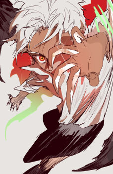 1boy absurdres black_shorts black_wings boots chamsut0905 commentary_request fire highres incoming_attack korean_commentary looking_at_viewer male_focus one_piece s-hawk seraphim_(one_piece) shirt short_hair shorts solo star-shaped_pupils star_(symbol) symbol-shaped_pupils white_hair white_shirt wings