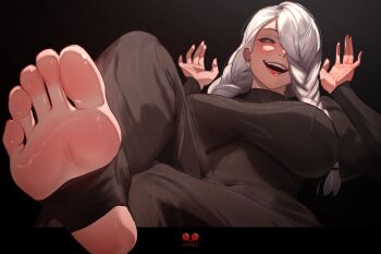 Rule 34 | 1girl, absurdres, barefoot, breasts, crossed legs, esmile, feet, grey eyes, grey hair, hair over one eye, highres, jujutsu kaisen, large breasts, long hair, looking at viewer, mei mei (jujutsu kaisen), open mouth, soles, stirrup legwear, toeless legwear, toes