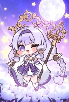 Rule 34 | 1girl, :3, blunt bangs, braid, brown sandals, chibi, chibi only, clothing cutout, commentary request, detached sleeves, field, flower, flower field, full body, full moon, hairband, highres, hip vent, holding, holding staff, korean commentary, long hair, low twin braids, moon, nontraditional miko, one eye closed, open mouth, outdoors, purple eyes, purple flower, purple hair, purple hairband, purple skirt, ribbon-trimmed skirt, ribbon-trimmed sleeves, ribbon trim, sailor collar, sandals, skirt, sky, sleeves past fingers, sleeves past wrists, smile, solo, staff, star (sky), star (symbol), starry sky, trhisell, trickcal, twin braids, very long hair, white sailor collar, white sleeves, yomi (trickcal)