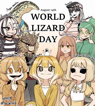 2boys 6+girls :p artist_name artist_self-insert beret black_eyes black_hair black_hat black_sclera black_shirt bob_cut breasts brown_eyes brown_hair brown_pants brown_shirt cardigan chameleon closed_mouth colored_eyelashes colored_sclera colored_skin commentary dated double_vertical_stripe dress english_text eyelashes facepaint finger_to_mouth forked_tongue frilled_lizard_(gegegekman) frown furry furry_female furry_male gecko gegegekman glasses gradient_background gradient_hair green_hair green_headband green_jacket hair_between_eyes hair_over_one_eye hair_over_shoulder hand_on_own_face hands_on_own_hips hat headband high_ponytail highres horned_lizard horns index_finger_raised jacket korean_commentary korean_text leopard_gecko_(gegegekman) lizard_tail lizardman long_hair medium_breasts medium_hair multicolored_hair multiple_boys multiple_girls orange_background original pants personification ponytail puffy_short_sleeves puffy_sleeves reptile_boy reptile_girl rimless_eyewear ringed_eyes round_eyewear shirt short_hair short_hair_with_long_locks short_sleeves sidelocks signature slit_pupils small_breasts smile standing strap striped_clothes striped_hair striped_shirt tail teardrop_facial_mark tongue tongue_out track_jacket trait_connection turtleneck twitter_username two-tone_dress two-tone_hat undershirt v-shaped_eyebrows v_arms wall-eyed white_background white_dress white_hair white_hat white_shirt white_skin yellow_cardigan yellow_dress yellow_eyes yellow_sclera yellow_shirt