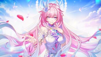 1girl aqua_hair bare_shoulders blue_sky breasts bridal_veil chinese_commentary commentary_request commission cyrene_(demiurge)_(honkai:_star_rail) cyrene_(honkai:_star_rail) derivative_work diamond-shaped_pupils diamond_(shape) diudiulang dress earrings falling_petals flower hair_flower hair_ornament halo highres honkai:_star_rail honkai_(series) jewelry large_breasts long_hair looking_at_viewer multicolored_hair petals pink_hair pointy_ears purple_eyes ring sky smile solo symbol-shaped_pupils veil very_long_hair wedding_ring white_dress white_hair