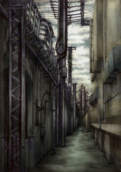 Rule 34 | akakatta, alley, building, dark, factory, industrial, no humans, scenery, sky, still life