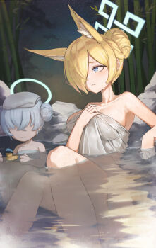 2girls 723_chfhrqur absurdres animal_ear_fluff animal_ears bamboo bamboo_forest bath bathing black_eyeliner blonde_hair blue_archive blue_eyes blue_hair blue_halo breasts crossed_bangs dog_ears dog_girl double_bun eyelashes eyeliner forest hair_between_eyes hair_bun hair_over_one_eye halo highres kanna_(blue_archive) large_breasts long_hair makeup multiple_girls naked_towel nature night night_sky onsen outdoors partially_submerged pussy_juice rock rubber_duck shared_bathing short_hair single_hair_bun sky sweat sweater towel towel_pull valkyrie_police_academy_student_(sg)_(blue_archive) water wet white_hair