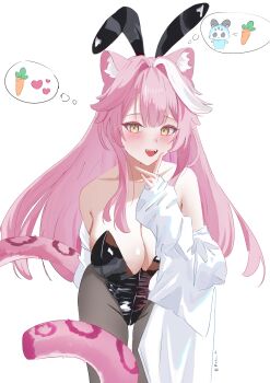 Rule 34 | absurdres, animal ears, breasts, carrot, chattino (raora panthera), highres, hololive, hololive english, large breasts, leaning forward, leather, mimiliaa, pink hair, pink tail, playboy bunny, rabbit ears, raora panthera, shiny clothes, shirt, tail, white shirt, yellow eyes