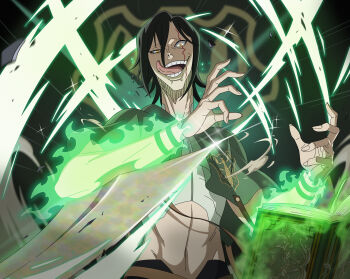 Rule 34 | 1boy, absurdres, black clover, black clover m: rise of the wizard king, black hair, book, brown eyes, capelet, green capelet, green mantis (emblem), grimoire, hair between eyes, highres, jack the ripper (black clover), looking at viewer, magic, male focus, midriff, navel, non-web source, official art, open book, open mouth, solo, teeth, tongue, tongue out, upper body