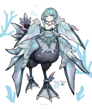 1girl absurdres air_bubble bare_shoulders bird_legs bird_tail blue_eyes blue_feathers blue_hair breasts bubble cleavage color_guide commentary_request coral digitigrade duck_girl earrings english_text feather_earrings feathered_wings feathers harpy highres jewelry logo looking_at_viewer medium_breasts medium_hair monster_girl multiple_wings organic_bra original shitoi_(aqua1487) simple_background smile solo tail talons taur webbed_feet winged_arms wings