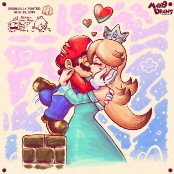 1boy 1girl artist_name blue_dress blush brown_hair crown dress facial_hair gloves hair_over_one_eye hat heart height_difference highres hug kiss long_hair mario mario_(series) mustache nintendo overalls rosalina spoken_heart super_mario_galaxy