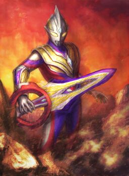 1boy absurdres alien arm_guards armor breastplate canyon circle_arms circle_arms_(multi_sword) cliff color_timer colored_skin commentary compound_eyes crystal dorsal_fin dust_cloud feet_out_of_frame forehead_jewel glowing glowing_eyes gradient_sky highres holding holding_sword holding_weapon looking_down male_focus multicolored_skin multicolored_sky orange_sky outdoors pectorals purple_skin red_skin robuja silver_skin sky solo standing sunset sword tokusatsu toned toned_male tsuburaya_productions ultra_series ultraman_trigger ultraman_trigger_(multi_type) ultraman_trigger_(series) weapon yellow_eyes yellow_sky