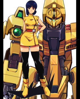 1girl aeug armor belt black_hair black_thighhighs boots breasts commentary_request dress fa_yuiry full_body gloves green_eyes gundam hand_on_own_hip kamisimo_90 looking_at_viewer mecha medium_breasts methuss military_uniform mobile_suit one-eyed red_belt robot short_dress short_hair sleeveless sleeveless_dress smile solo_focus standing thighhighs white_gloves yellow_armor yellow_boots yellow_dress zeta_gundam zeta_gundam_define zettai_ryouiki