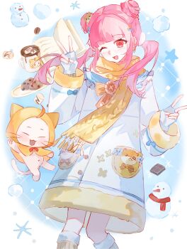 1girl ^_^ absurdres ahoge animal animal_print anyan44993 argyle_background blue_background blue_bow blue_coat blue_gloves blue_sailor_collar blunt_bangs book border bow bowtie brown_bow brown_bowtie buttons cat chinese_commentary chocolate_chip_cookie cloak closed_eyes clothed_animal coat collared_coat commentary_request cookie cowboy_shot cup dog_hair dog_print double_bun double_v ear_covers eyelashes fingerless_gloves floating_hair food frilled_sailor_collar frills fringe_trim fur-trimmed_coat fur-trimmed_sleeves fur-trimmed_socks fur_trim gloves guardian_floof_(infinity_nikki) hair_bun hair_ornament hair_scrunchie hairclip happy highres hood hood_up hooded_cloak hot_chocolate infinity_nikki kneehighs light_blush long_hair long_sleeves looking_at_animal low_twintails marshmallow momo_(nikki) mug navel nikki_(nikki) nikki_(series) one_eye_closed open_book open_mouth outside_border parallel_hairclips pink_eyes pink_hair plate pocket print_coat red_bow red_bowtie round_border sailor_collar scarf scrunchie sleeve_bow smile snowing snowman socks standing star_(symbol) striped_clothes striped_socks twintails v vertical-striped_clothes vertical-striped_socks whiskers white_border white_cat white_scrunchie winter_clothes winter_coat yellow_cloak yellow_scarf yellow_socks