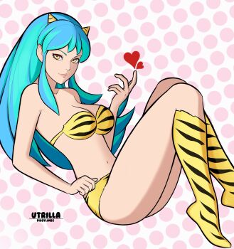1girl animal_print aqua_hair artist_logo artist_name bikini boots breasts collarbone commentary cone_horns from_side heart highres horns knee_boots logo long_hair looking_at_viewer lum piggylimbs pointy_ears print_bikini print_boots procreate_(medium) sidelocks solo swimsuit tiger_print urusei_yatsura yellow_eyes