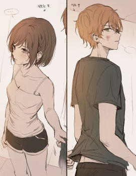 ... 1boy 1girl arrow_(symbol) bad_id bad_pixiv_id bare_arms bare_shoulders black_shirt black_shorts blonde_hair blush braid breasts brother_and_sister brown_eyes brown_hair bruise bruise_on_face collarbone cowboy_shot highres injury looking_at_another medium_breasts orange_eyes project_sekai shinonome_akito shinonome_ena shirt short_hair short_sleeves shorts siblings sketch split_screen spoken_ellipsis tank_top tears tokkyu translation_request