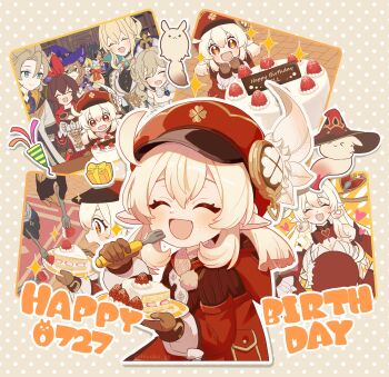 3boys 6+girls :d albedo_(genshin_impact) alice_(genshin_impact) amber_(100_outrider)_(genshin_impact) amber_(genshin_impact) animal aoyagi_(ao0701yagi) artist_name barbara_(genshin_impact) birthday_cake black_gloves blonde_hair blue_eyes blue_gloves blue_hair blue_hat bookshelf bow breasts brown_hair cake cake_slice cleavage commentary_request dark-skinned_male dark_skin dated detached_collar dodoco_(genshin_impact) door fingerless_gloves food fork four-leaf_clover_print genshin_impact gift gift_bag giving_food gloves green_eyes grey_background hair_ribbon happy_birthday hat hat_feather heart highres holding holding_fork holding_plate indoors jean_(genshin_impact) jean_(gunnhildr&#039;s_legacy)_(genshin_impact) kaeya_(genshin_impact) klee_(genshin_impact) light_blush lisa_(genshin_impact) long_hair looking_at_another looking_at_viewer low_twintails medium_hair mika_(genshin_impact) mother_and_daughter multiple_boys multiple_girls multiple_views open_mouth party party_popper plate pointy_ears polka_dot polka_dot_background red_bow red_eyes red_hat ribbon rug short_hair short_twintails siblings sisters smile sparkle sparkling_eyes strawberry_shortcake tail tile_floor tiles twintails twitter_username white_fur white_gloves white_hat witch_hat yellow_bow