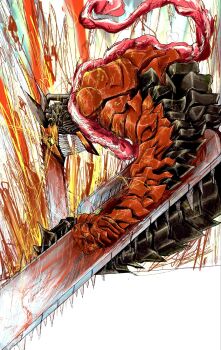 1boy blood chainsaw chainsaw_devil chainsaw_man denji_(chainsaw_man) facing_to_the_side fr1end_0 highres horns intestine_clothing intestines open_mouth pull_cord scarf sharp_teeth simple_background solo teeth weapon yellow_eyes