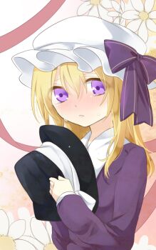 Rule 34 | 1girl, black hat, blonde hair, blush, commentary request, crying, crying with eyes open, dress, flower, flower request, hat, holding, holding unworn clothes, holding unworn hat, long hair, long sleeves, looking at viewer, maribel hearn, mob cap, open mouth, purple dress, purple eyes, solo, tears, touhou, tsuno no hito, unworn hat, unworn headwear, upper body, white flower, white hat