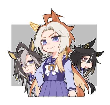 3girls ahoge animal_ears beer_hsk black_hair blue_eyes bow bowtie brown_eyes brown_hair closed_mouth dream_journey_(umamusume) ear_covers ear_ornament eyewear_strap glasses hair_between_eyes horse_ears horse_girl horse_tail long_hair long_sleeves looking_at_viewer multicolored_hair multiple_girls open_mouth orange_hair orfevre_(umamusume) purple_eyes purple_sailor_collar purple_serafuku purple_shirt purple_skirt sailor_collar sailor_shirt school_uniform serafuku shirt single_ear_cover skirt smile stay_gold_(umamusume) streaked_hair tail tracen_school_uniform two-tone_hair umamusume white_bow white_bowtie white_hair