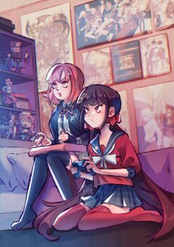 2girls absurdly_detailed_composition absurdres arcueid_brunestud black_sailor_collar black_thighhighs blunt_bangs bow bowtie brown_hair commentary controller copyright_request danganronpa_(series) danganronpa_2:_goodbye_despair danganronpa_v3:_killing_harmony darkstalkers english_commentary eyelashes fatal_fury figure flipped_hair game_controller hair_ornament hair_scrunchie harukawa_maki hellshake_yuli highres holding holding_controller holding_game_controller hope's_peak_academy_school_uniform indoors loaded_interior long_hair long_sleeves low_twintails medium_hair melty_blood mole mole_under_eye multiple_girls nanami_chiaki neck_ribbon on_bed on_floor pink_ribbon playing_games pleated_skirt poster_(object) pout red_eyes red_scrunchie red_shirt red_thighhighs ribbon sailor_collar school_uniform scrunchie seiza shelf shiranui_mai shirt sion_eltnam_(type-moon) sion_eltnam_atlasia sitting skirt the_king_of_fighters thighhighs tsukihime twintails two-tone_shirt white_bow white_bowtie