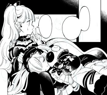 2girls breasts cleavage closed_eyes commentary_request dress finger_to_mouth frilled_dress frills fuukadia_(narcolepsy) greyscale hair_over_one_eye hairband highres index_finger_raised lap_pillow large_breasts lolita_hairband long_hair long_sleeves looking_to_the_side lying mahou_shoujo_no_majo_saiban monochrome multiple_girls natsume_an-an profile saeki_miria shushing sleeping sleeping_on_person speech_bubble