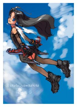 1girl angel_wings black_hair blue_eyes boots commentary_request floating_hair flying full_body headset knife long_hair looking_at_viewer mave-chan sentou_yousei_shoujo_tasukete_mave-chan sketch sky solo thighhighs twitter_username weapon wings yamashita_ikuto
