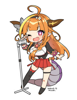 1girl black_jacket black_shoes black_thighhighs blonde_hair chibi dragon_girl dragon_horns dragon_tail fang hololive horns jacket kanya_pyi kiryu_coco kiryu_coco_(1st_costume) looking_at_viewer multicolored_hair one_eye_closed open_mouth orange_hair pointy_ears purple_eyes shirt shoes single_thighhigh skin_fang smile solo streaked_hair tail thigh_strap thighhighs virtual_youtuber white_shirt