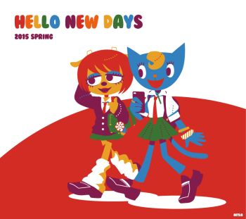 2girls animal_ears backpack bag blazer blonde_hair blue_eyeshadow bracelet cat_ears cat_girl cat_tail cellphone collared_shirt colored_skin eyeshadow furry furry_female green_skirt horns jacket jewelry katy_kat lammy_(um_jammer_lammy) leg_warmers makeup multiple_girls necktie nitlo orange_skin parappa_the_rapper phone purple_jacket red_hair red_lips red_necktie school_bag sheep_ears sheep_girl shirt skirt smartphone tail um_jammer_lammy walking white_leg_warmers white_shirt