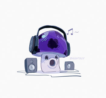 artist_name black_eyes commentary film_grain from_below grey_background halftone headphones hightguy listening_to_music looking_at_viewer mushroom musical_note no_humans plants_vs._zombies puff-shroom_(plants_vs._zombies) shadow simple_background solid_oval_eyes solo speaker symbol-only_commentary