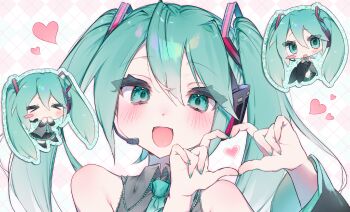 >_< 1girl aqua_eyes aqua_hair aqua_nails aqua_necktie aqua_trim blush chibi collared_shirt commentary_request detached_sleeves fingernails four-finger_heart_hands grey_shirt hair_ornament hatsune_miku headset heart heart_hands highres long_hair long_sleeves looking_at_viewer nail_polish necktie nose_blush open_mouth shirt smile twintails upper_body very_long_hair vocaloid wide_sleeves yuruiruka